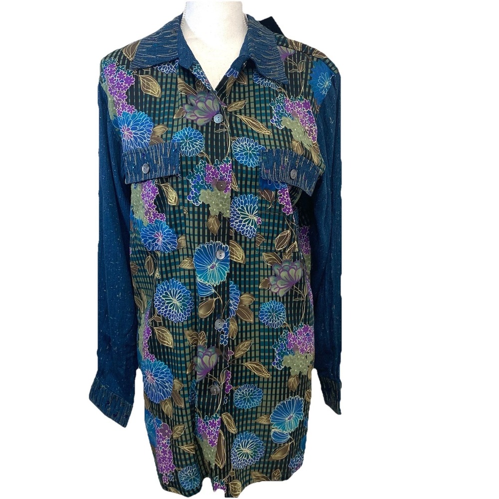 Koos QVC Long Sleeve Button Up Floral Print Blouse Woman Medium Sequins New